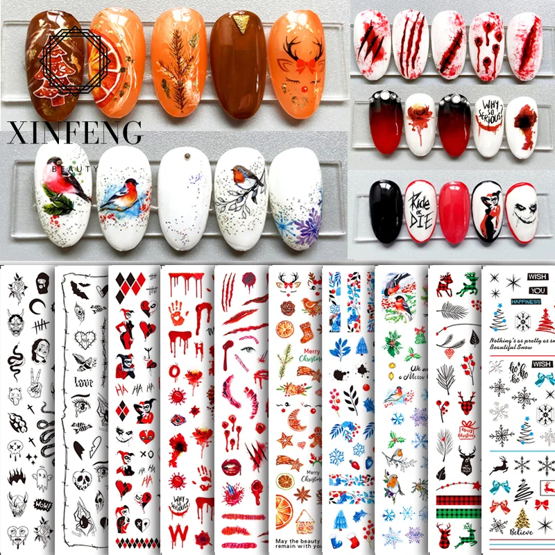 Kawaii Christmas Nail Stickers Decals Elk Santa Snowflake 3D Adhesive Slider for Nails Stencil Tips Manicure Decor