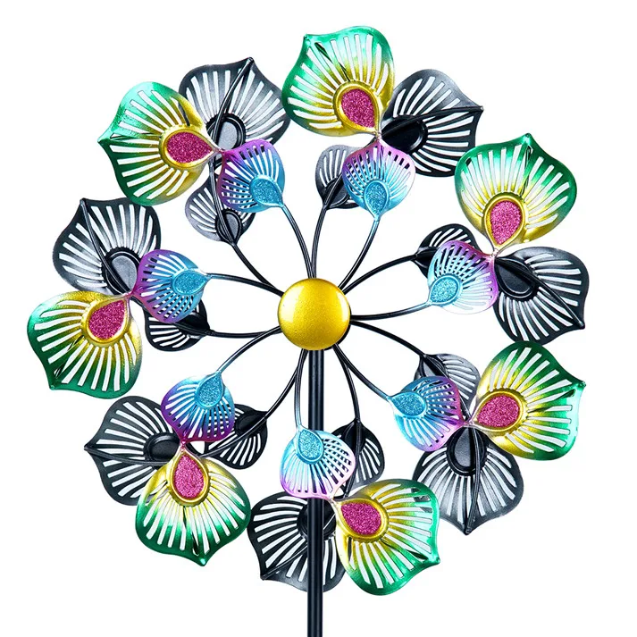 Hourpark wholesale multi color peacock feature sculpture metal stake outdoor decor windmills garden wind spinners