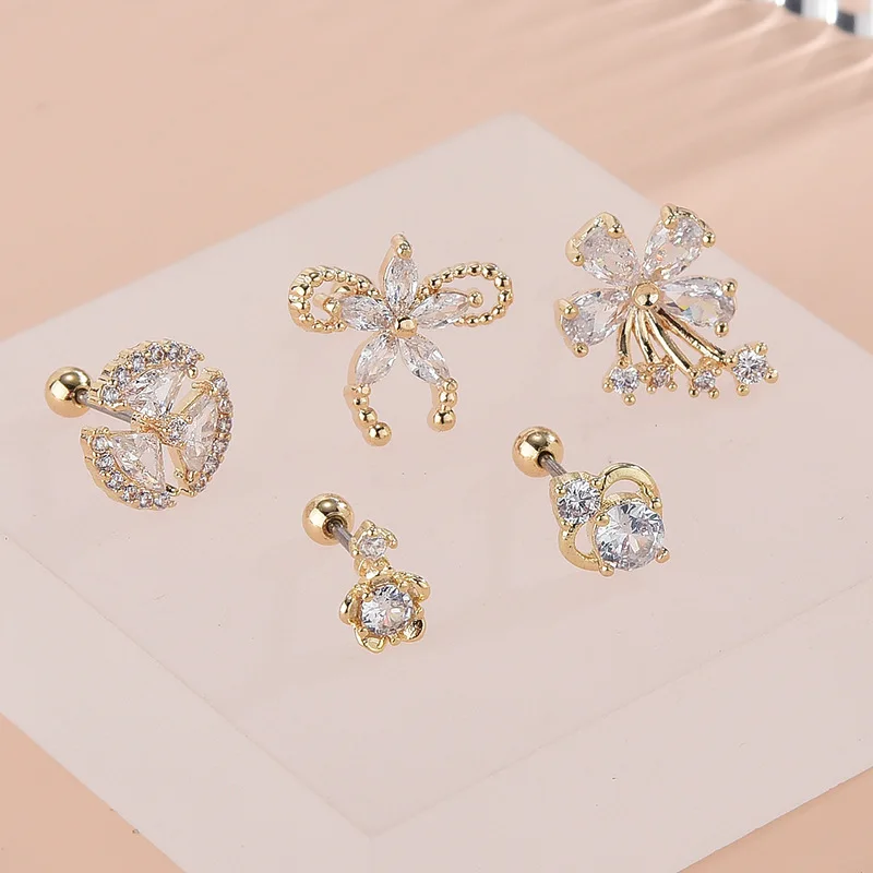 Korea Style CZ Flower Tragus Cartilag Lobe Earrings Barbell Ear Stud Helix Piercing Jewelry