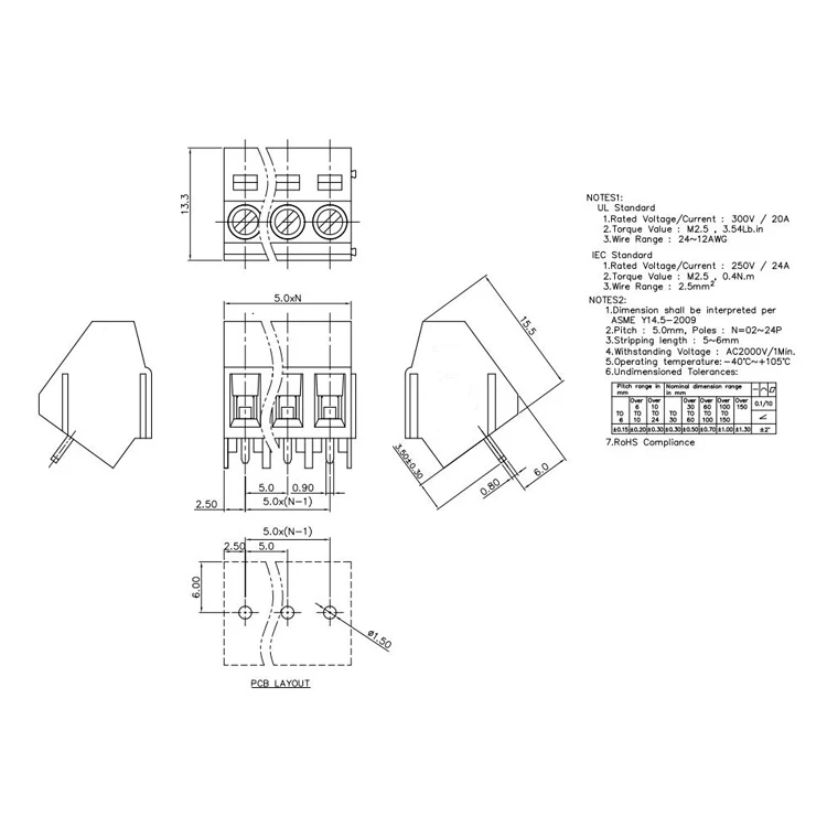 High quality replace Phoenix screw clamp terminal blocks 103 5.0mm pitch wire connector 300V 16A