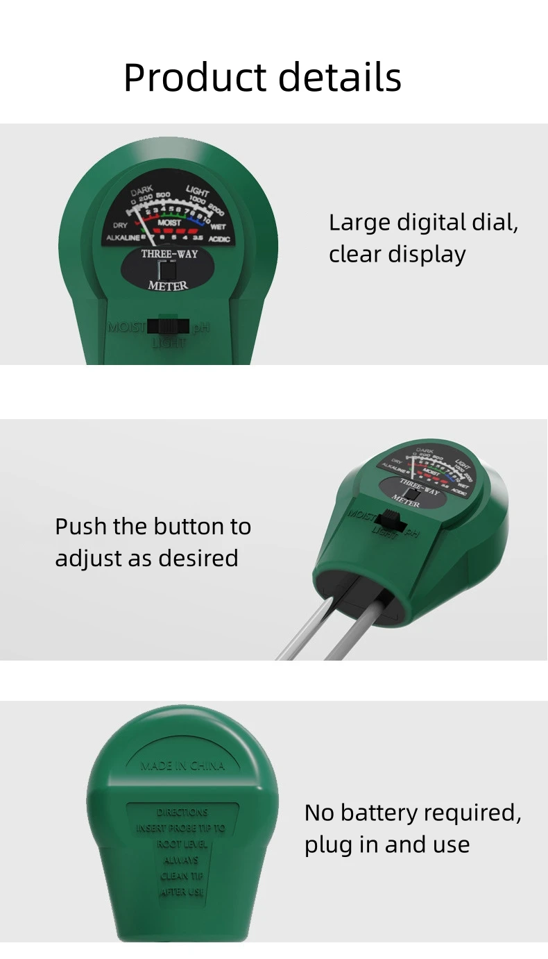 New Design Portable 3-in-1 Garden Soil Moisture Ph Meter Light Sensor Tester For Home Use Garden Soil Tester