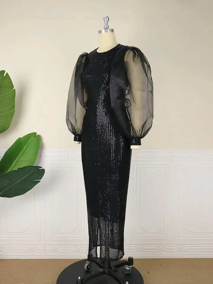 Black Party Sequin Puffy Long Sleeve 4XL Africa Lady Evening Dress