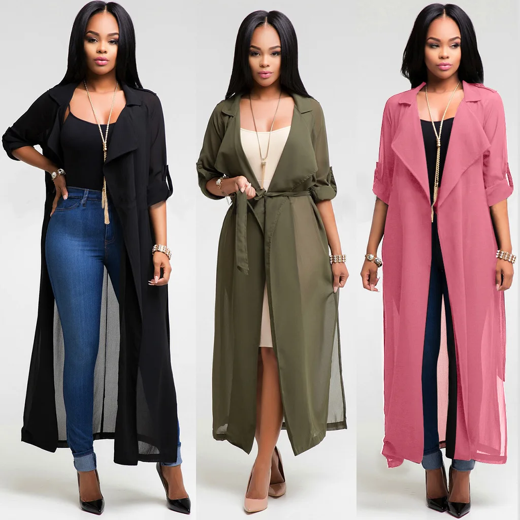 
Fashion Full Sleeve Trench Coat Pink Chiffon Long Dress For Women 
