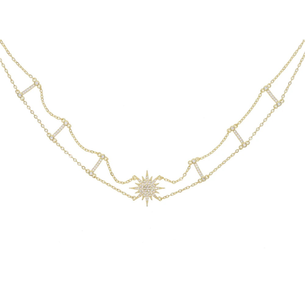 promotion double cz station line necklace starburst charm elegant necklace for women