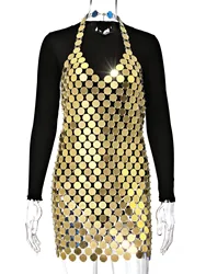 SHD1040 Fashion Golden Silver Sexy Ladies Sexy Halter Fish Scale Sequin Dance dress