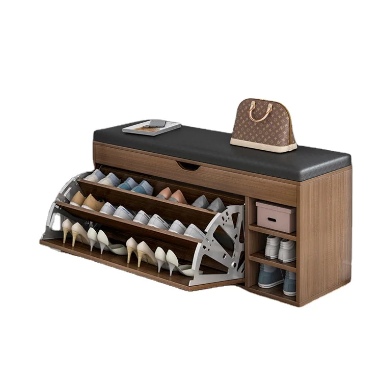 Living room entryway furniture modern wooden shoe rack cabinet small leather Soft Seat Cushion shoe storage shoe cabinet bench