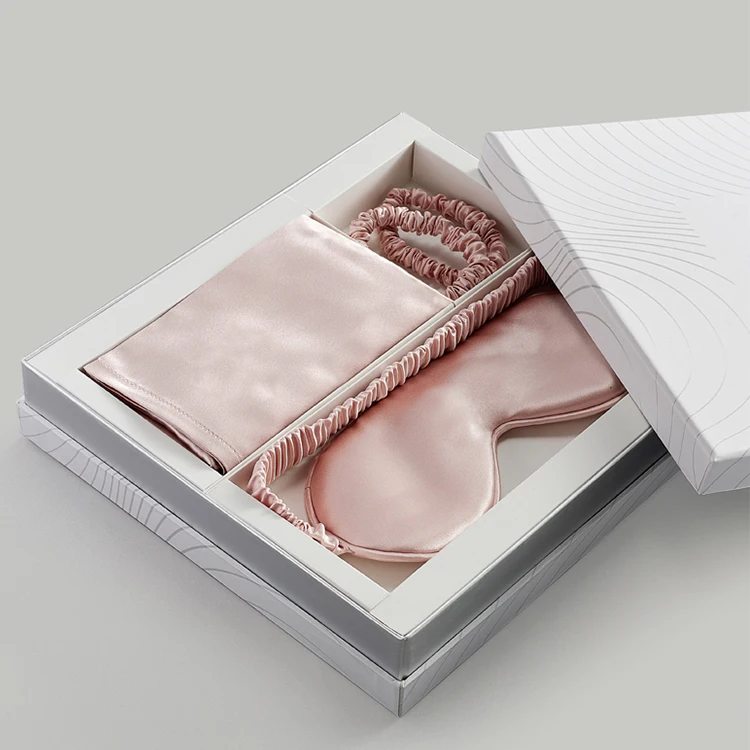 Custom logo pure silk pillowcase scrunchie with box hair tie 100% mulberry silk sleep eye mask and pillow case set