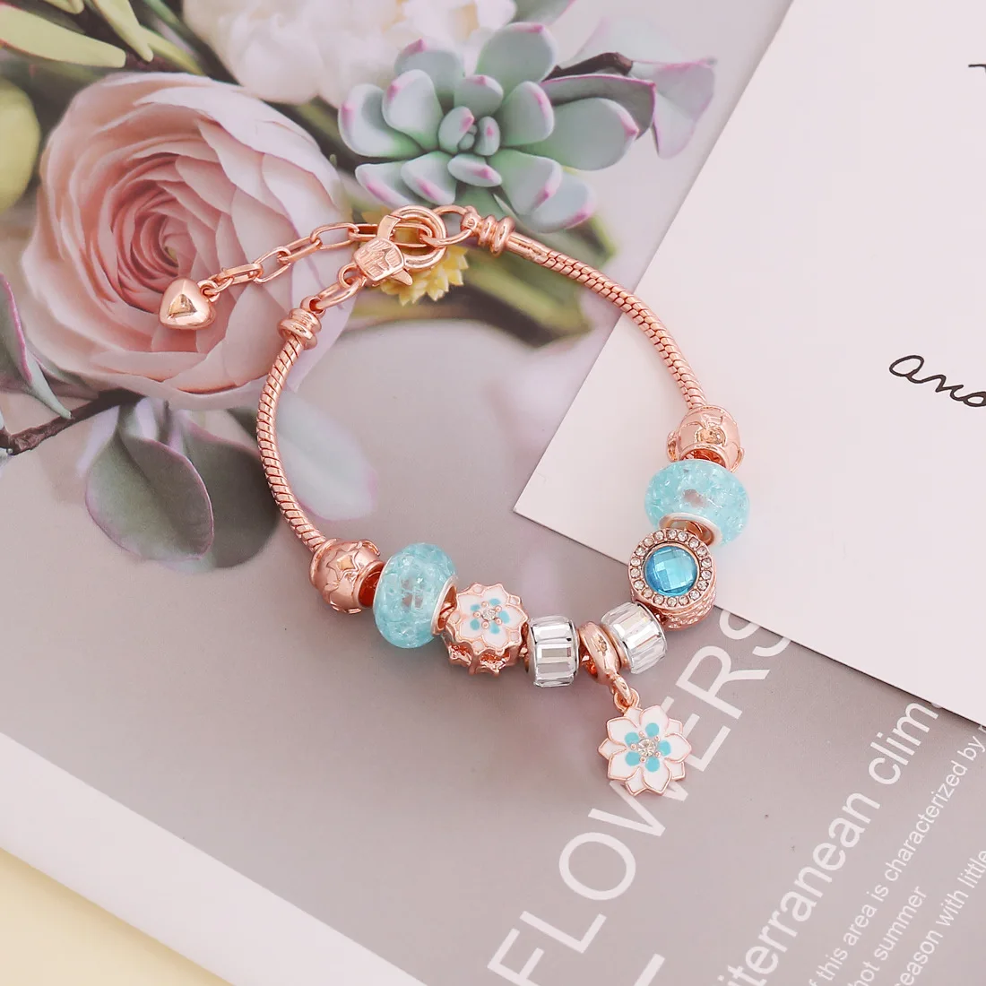Wholesale Rose Gold Enamel Metal Big Hole Beaded Bracelet Heart Charm Bracelet for Women Jewelry