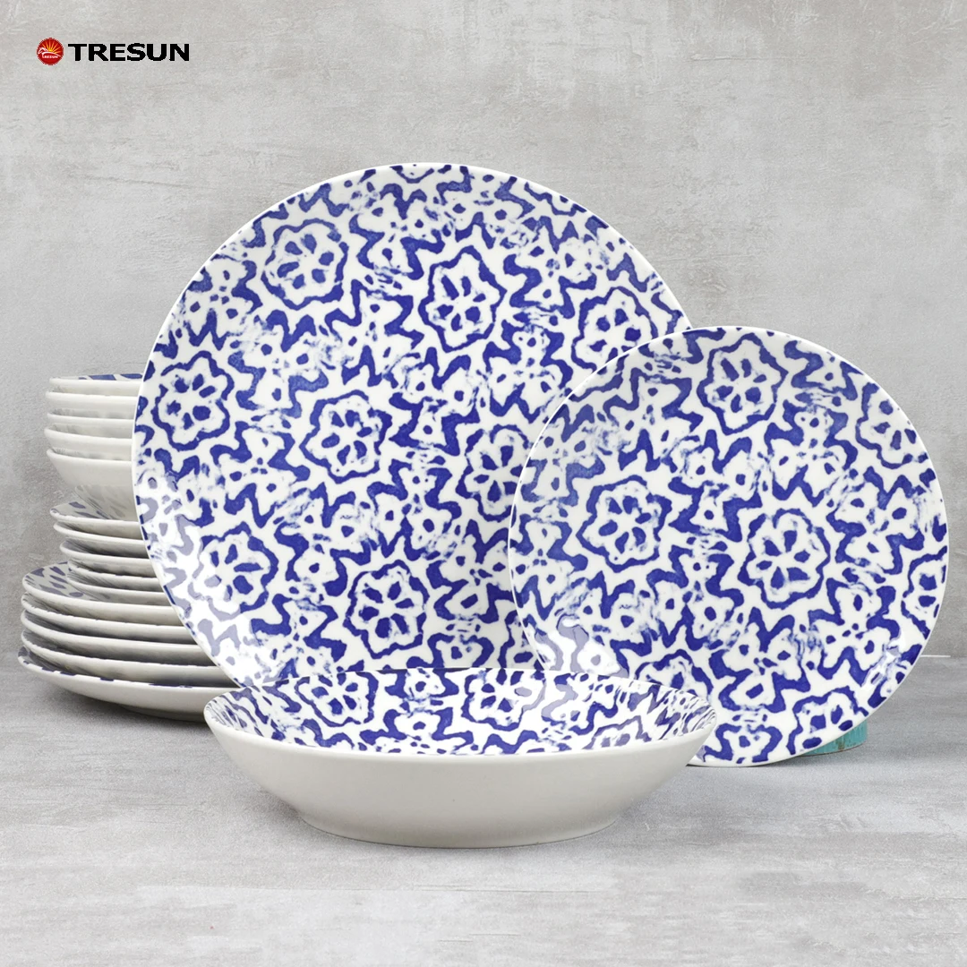 kitchen complete 18 pieces color box packing blue pad printing full design porcelain tableware ceramic dinnerware set for home