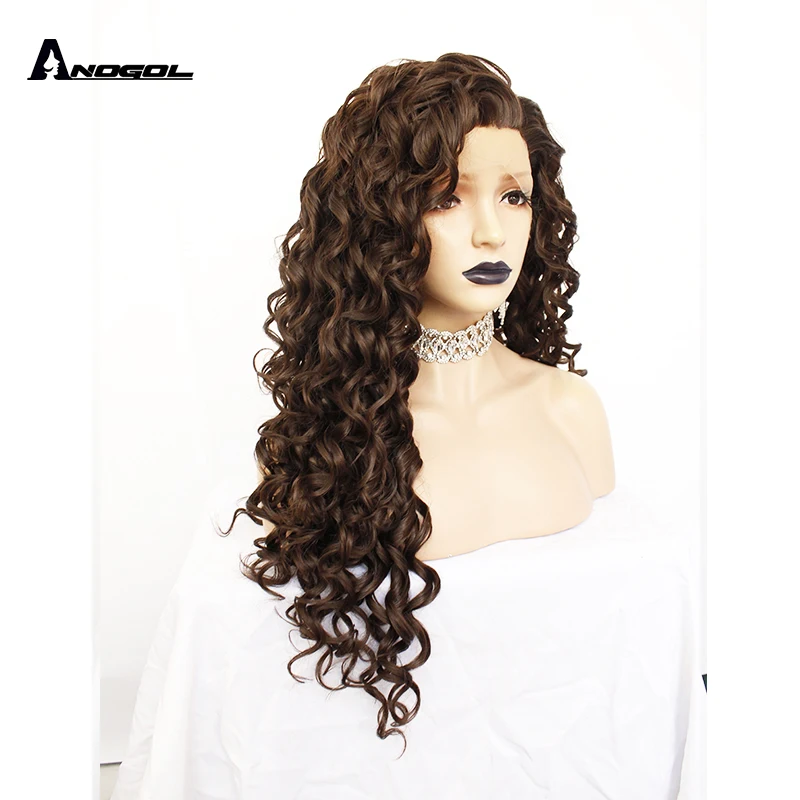 Anogol Synthetic Long Brown Afro Kinky Curly Wigs 13*2.5 Lace Front Wig 180% Density High Temperature Fiber Wigs for Women