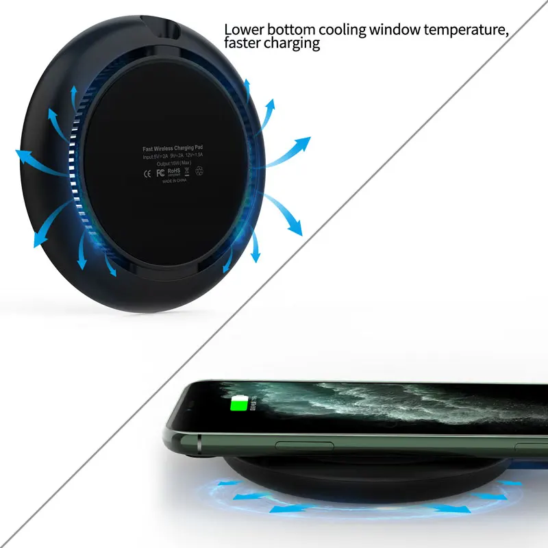 15w qi nonslip dissipate heat fast metal wireless charger for Iphone11/pro/pro max/s/xs/8/8plus
