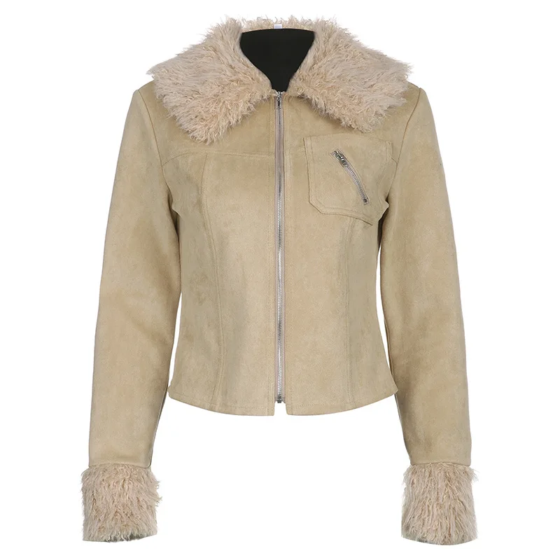 Spring high street long sleeve trend fashion fur collar suede zipper slim short coat women