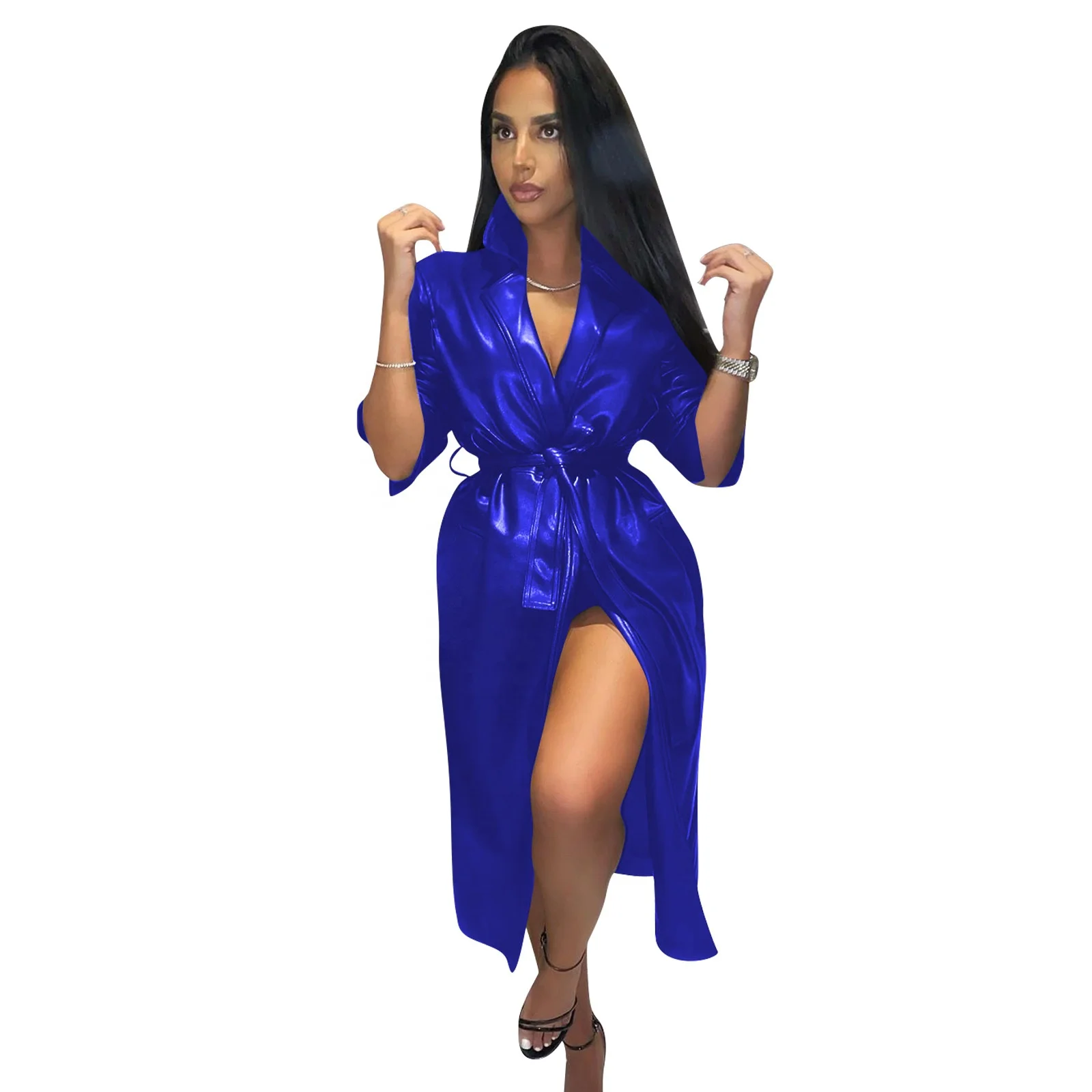 
2021 Clothing Ready to ship solid color PU lapel ladies long coat women going out clothes for women 