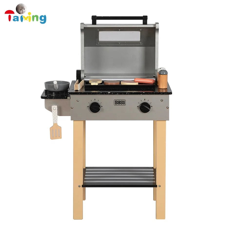 2022 Happy kitchen play toys BBQ grill Wooden Barbecue Deluxe grill Set Toy for Toddler Simulation Barbecue Set Kitchen Toy