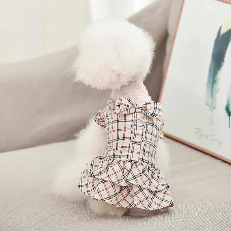 Factory wholesale custom LOGO and package bowknot button plaid pattern o-neck pet dog dress with D-ring and leash