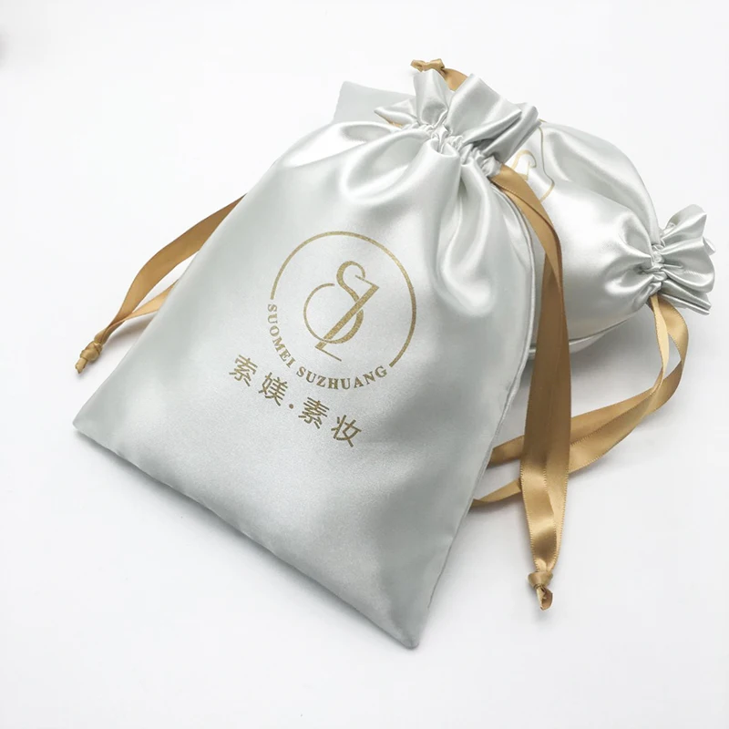Custom Size Logo Print Color Medium Size Satin Pouch Bag With Ribbon for Jewelry