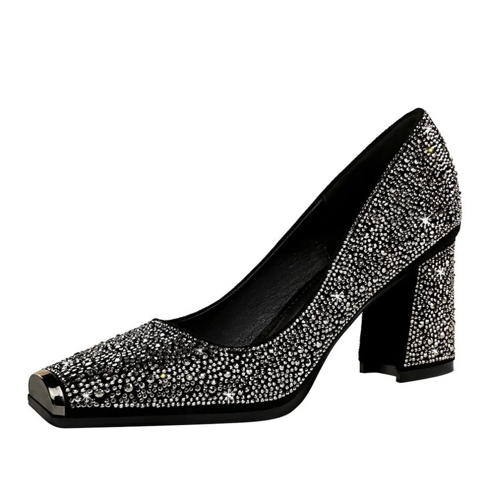 Высокое качество нержавеющей стали с квадратным носком; Женские модельные туфли со сверкающими стразами женские туфли на высоком каблуке, стильные женские туфли-лодочки на высоком каблуке с