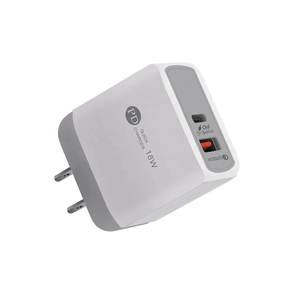PD Wall Charger Dual Port USB Type C and USB A ports Travel AC Adapter 18W Mobile Phone Fast Wall Charger  USB-C Power Adapter