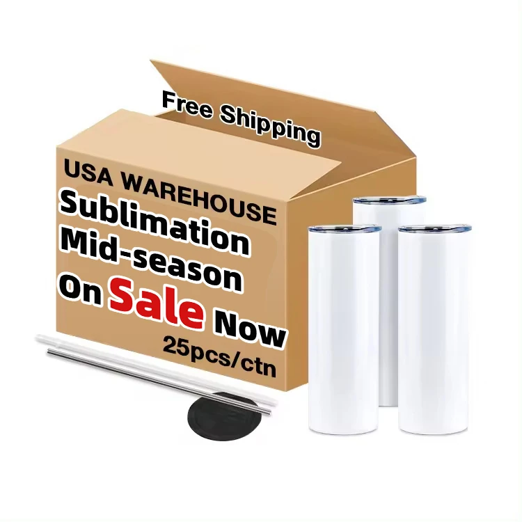 Us Wholesale 20oz Stainless Steel Sublimation Blank Sublimation Tumbler Cups With Lid Skinny Straight Tumbler With Plastic Straw