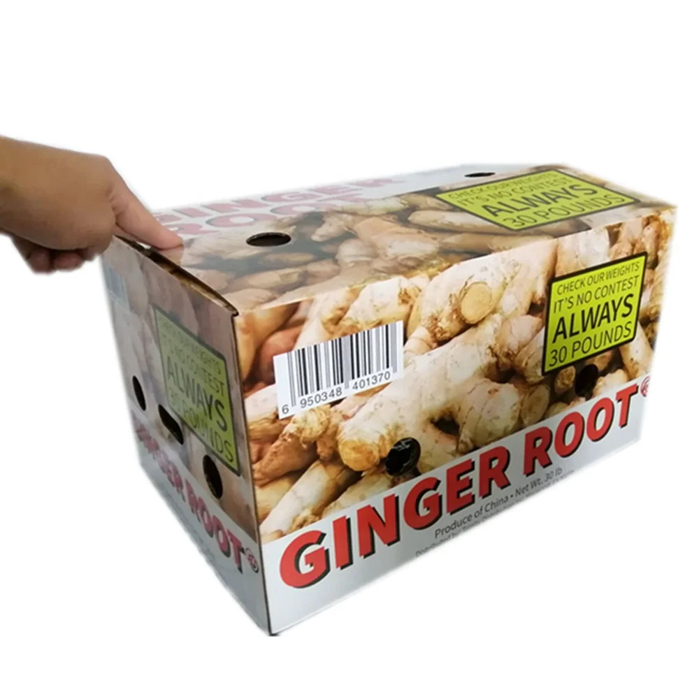 top and bottom type corrugated cardboard fruit and vegetable transport ginger packing carton box with perforated holes