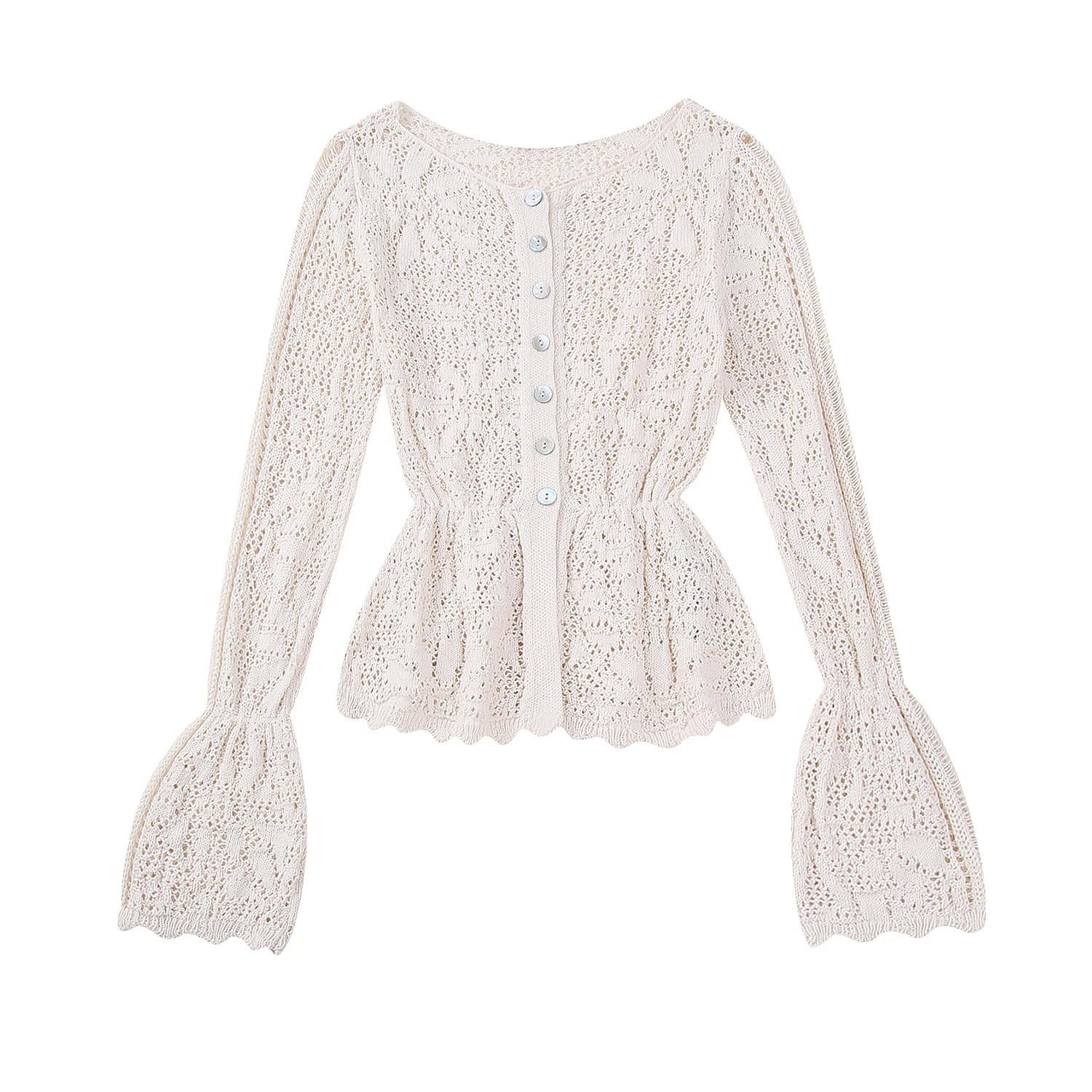 Buttons up long flare sleeve beige color buttons up knitted casual cardigan sweater for women