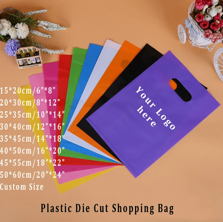 custom print ldpe hdpe die cut handle carry poly apparel plastic merchandise gift packaging polythene shopping bag with logo