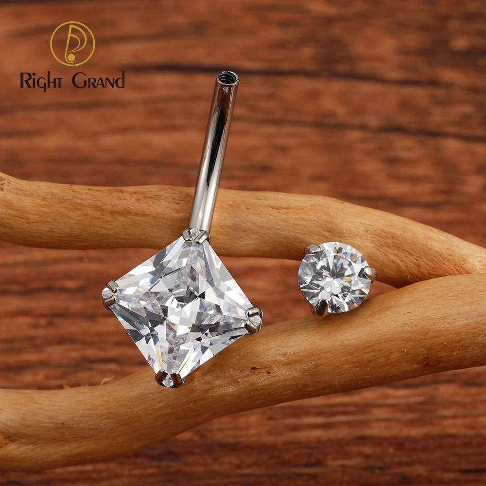 Right Grand ASTM F136 Titanium 14G Belly Button Ring Internally Threaded Navel Barbell Piercing with Square Cubic Zirconia