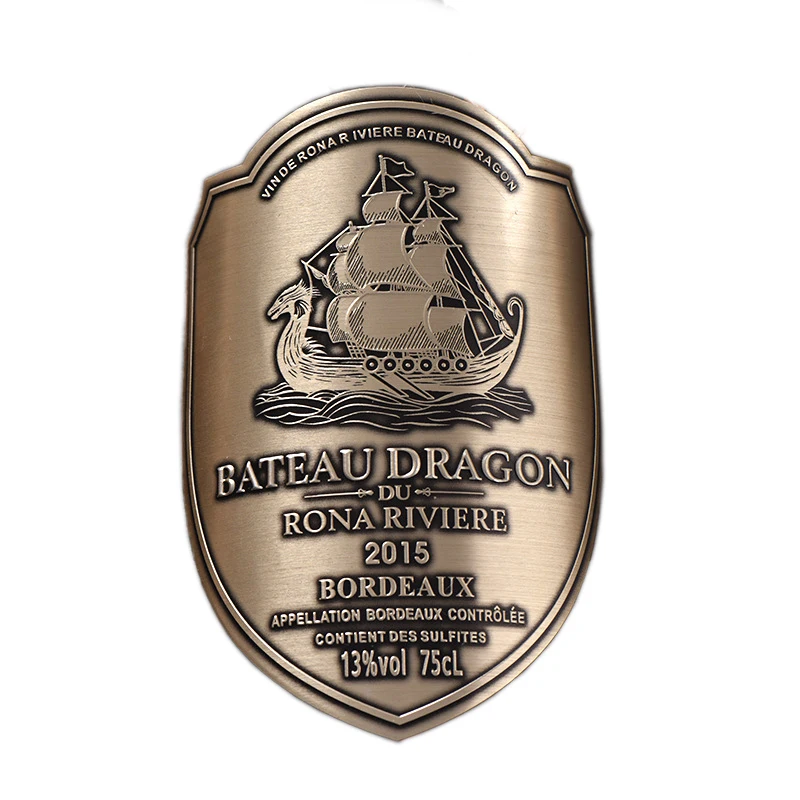 Wholesale Custom Metal Sticker Red Private Wine Label Retro Style Classic Gold Color Whisky Wine Label