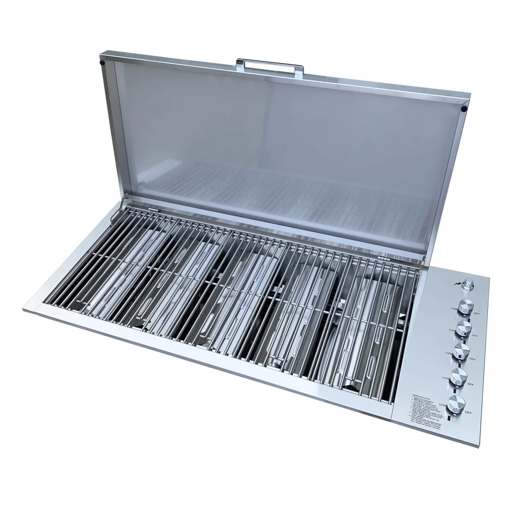 Outdoor kitchen stainless steel drop in 5 burner bbq gas grill with lid