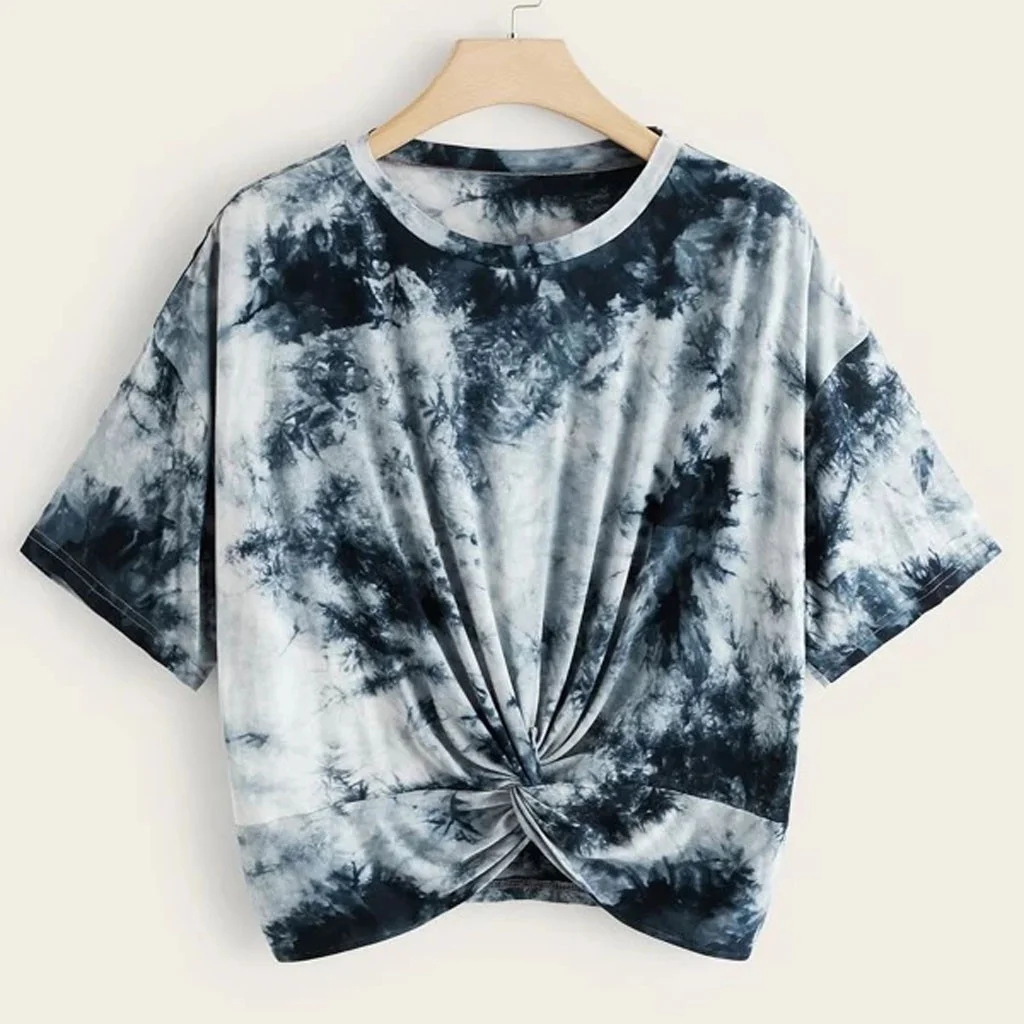 Summer New Style European And American Ink Woman Tie Dye Short Sleeve Loose Irregular Crop T Shirt For Women