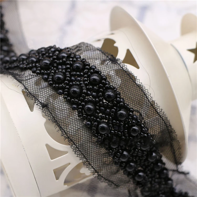 Wholesale High Density Pearl Flower Beads Lace Edge Trim Ribbon French Tulle Lace For For Sewing Evening Dress Handbags