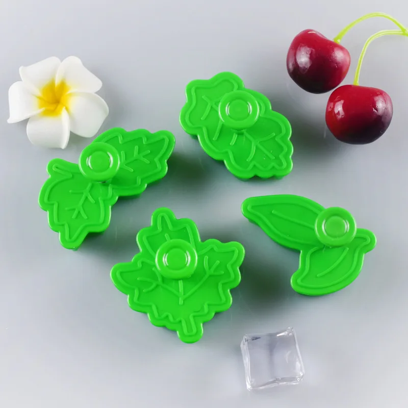 4PCS DIY Baking Tools Set Leaf Shape Cookie Plastic Plunger Cutter Cake Fondant Tools Decorating Embossing Cutter Set