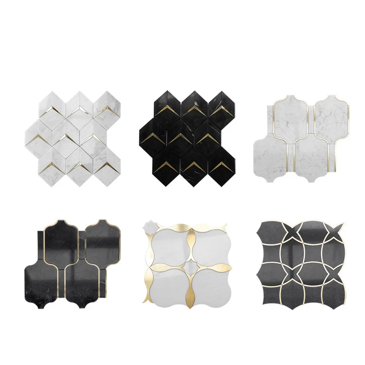 Factory Supplier Luxury Nature Marble Mix Shell & Metal Waterjet Exquisite Hotel Villa Palace Decorative Wall Mosaic Tiles