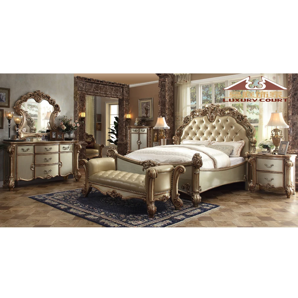 Longhao Furniture Luxury Wholesale Egyptian Carved Wood King Size Golden Bedroom Set with Storage Chest Dressing Table Mirror