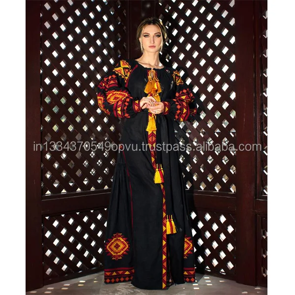 Forest Song Black Ukrainian Embroidered Bohemian Style Folk Ethnic Women Dress With Ancient Geometric Ornament Abaya Kaftan Robe