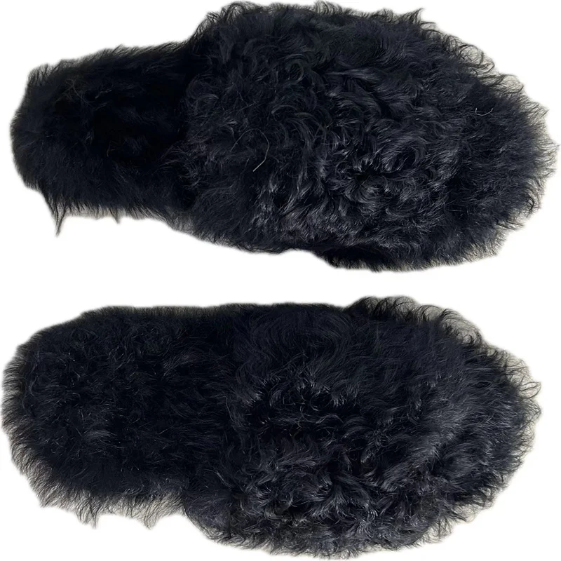 Open toes real fur slippers with Curly hair fur slippers lamb fur shoes wholesale price