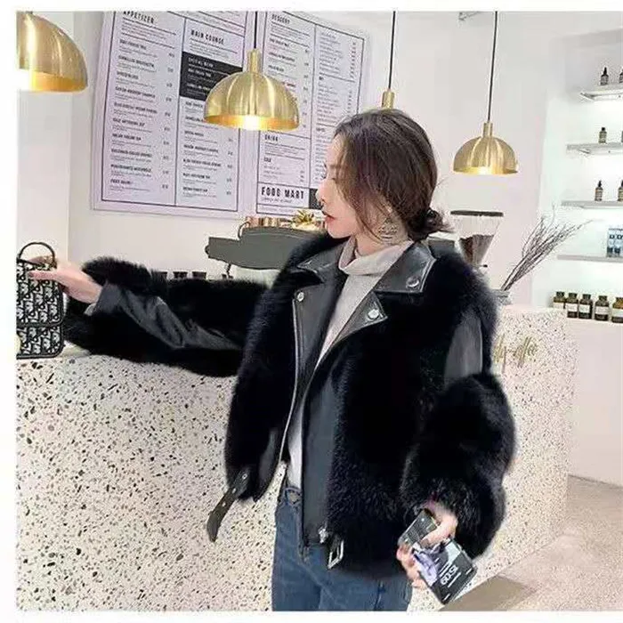 H1100-Thick warm winter coats woman faux fur coat leather plus size motorcycle jacket