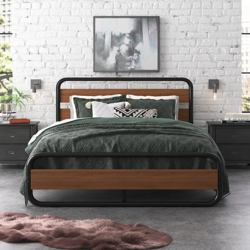 Modern Bed King Size With Headboard Wooden Black Metal Beds Frame