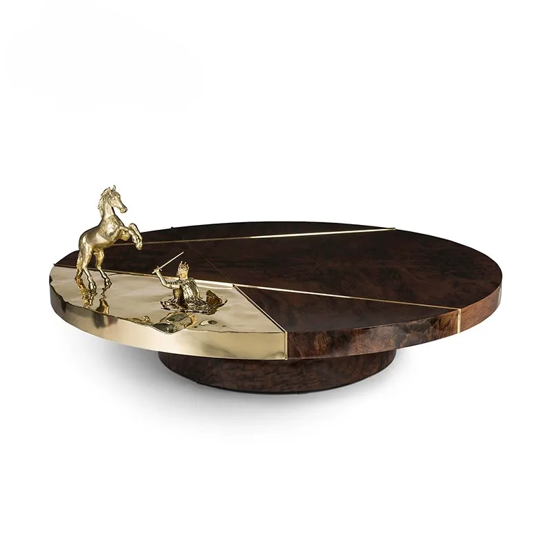 Modern living room furniture with a plush walnut side table with stainless steel sleek round coffee table set coffee table