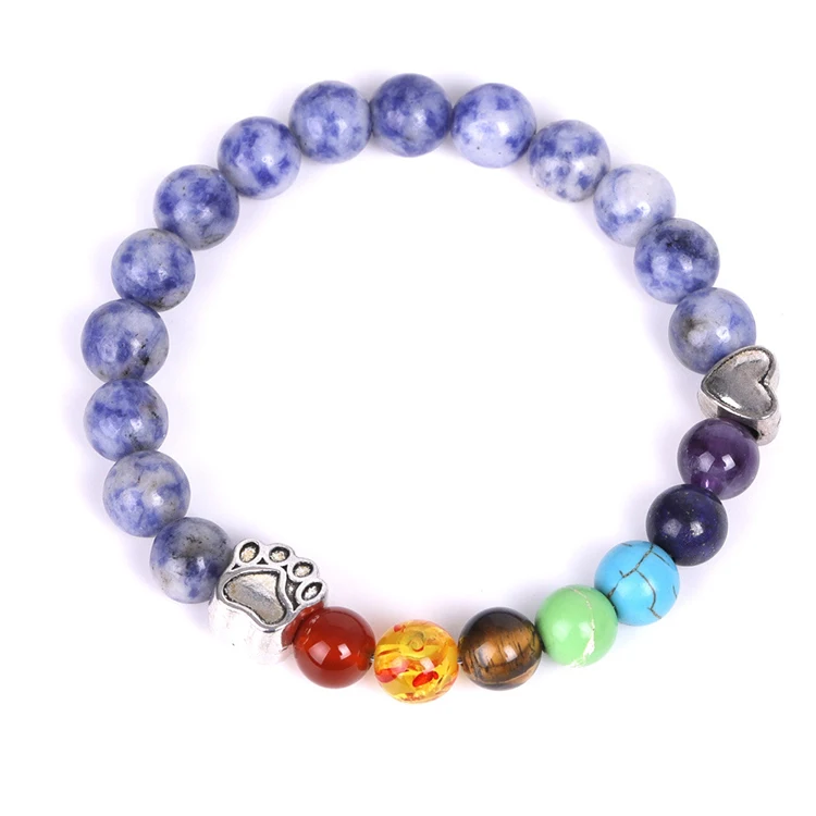 G1437 Natural Stone Bracelet Heart Dog Cat Paw Print Bead Pet Memorial For Women Men 7 Chakra Bracelet