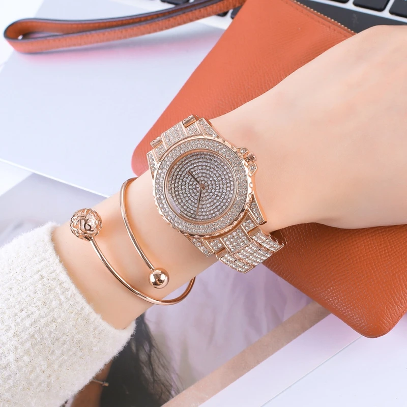 Watch Factory In Stock All Diamonds Alloy Steel Gold Watch Women Luxury Jewelry Dress Wristwatch
