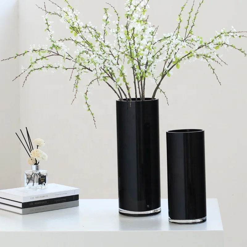 Bixuan Handblown Glass Vase Home Decor Table Centerpieces Modern Wedding Flower Arrangement Cylinder Black Color Glass Vases
