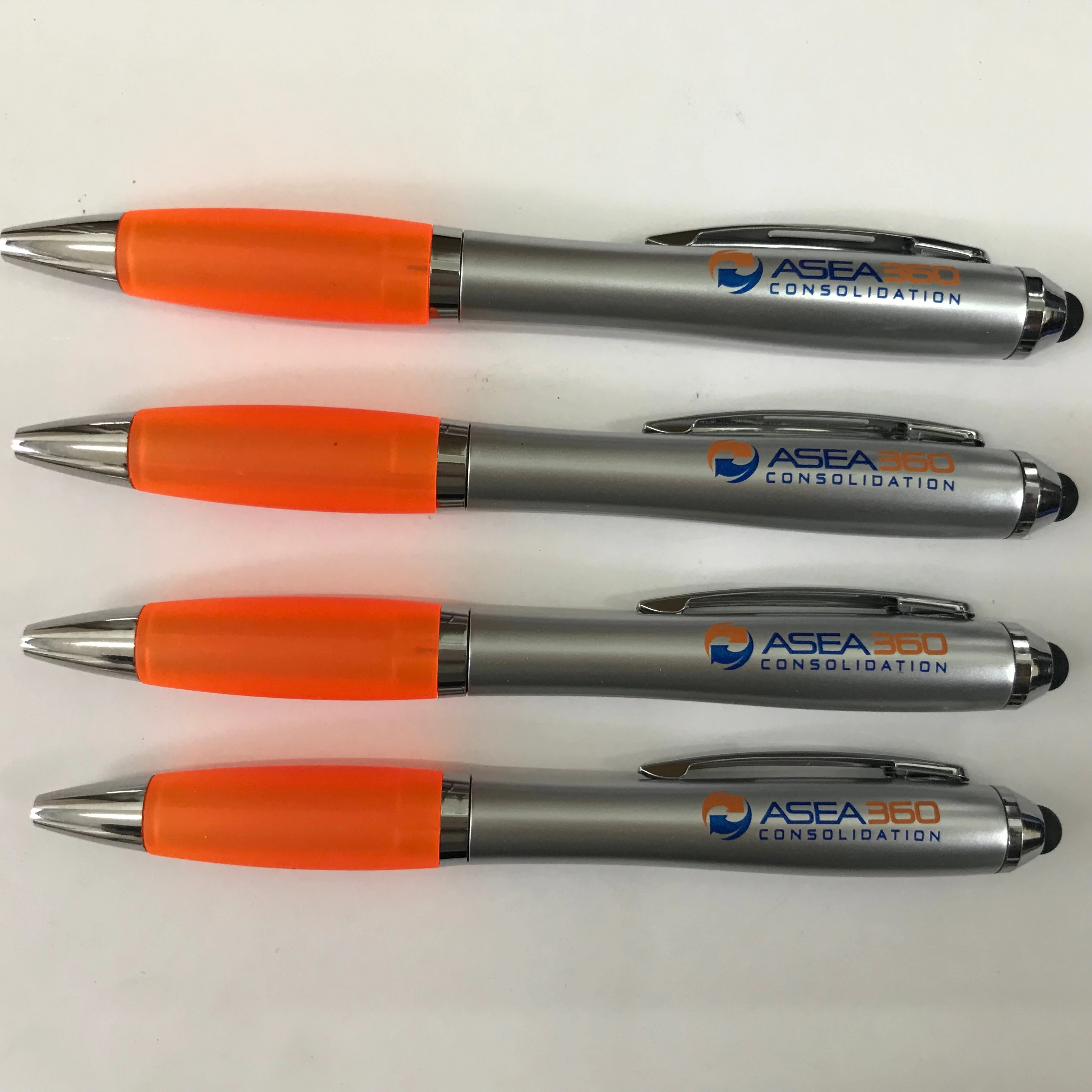 wholesale cheap silver barrel orange grip promotional plastic ballpoint pen with stylus sign personal logo name