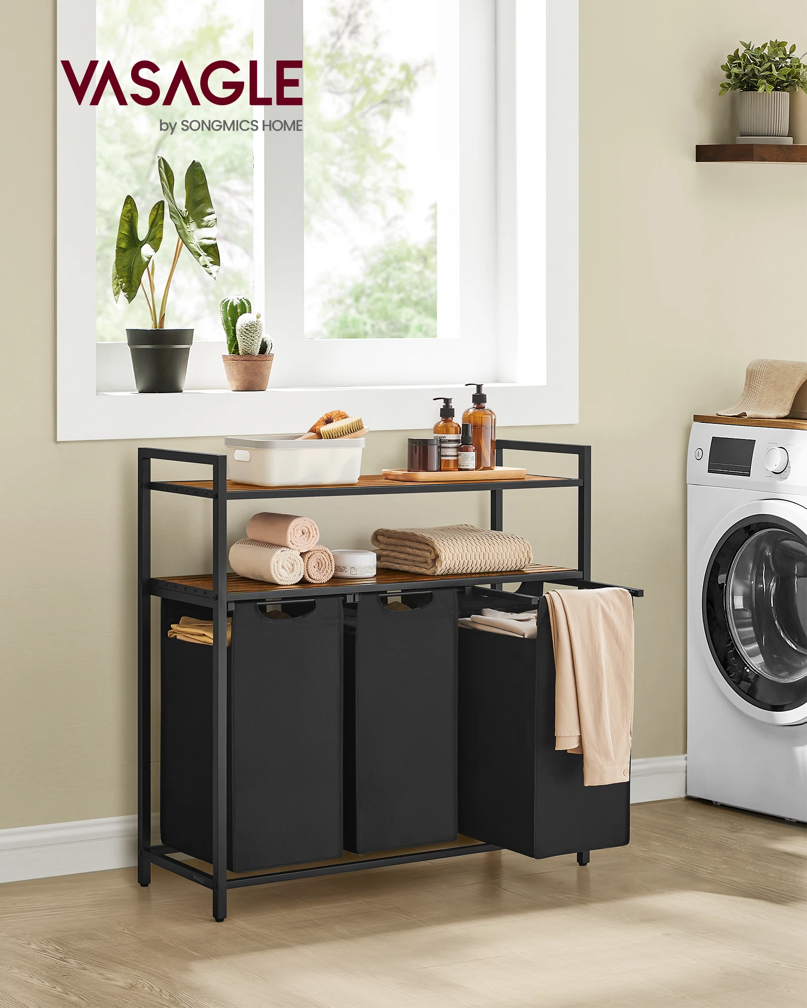 VASAGLE  Laundry Basket  with Shelf Removable Laundry Bag 3 Compartments Laundry Hamper with 2 Shelves