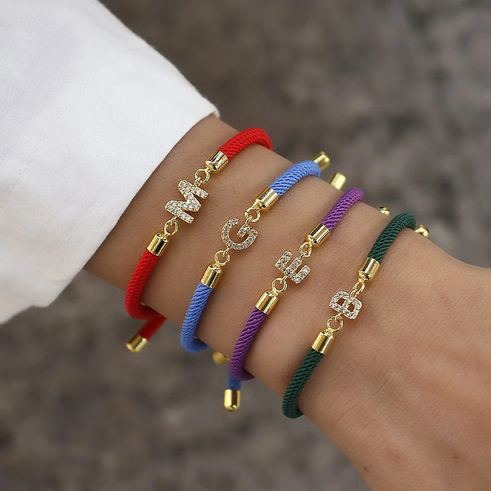 NEW Style Copper Micro Inlaid Zircon  Letter 18k Gold Colorful  Cord Bracelet Adjustable Initial Letters Rope Bracelet