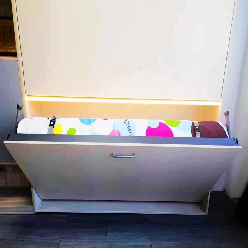 Smart save space school bed horizontal murphy bed hidden furniture with customized wardrobe rolled up mattress metal bed