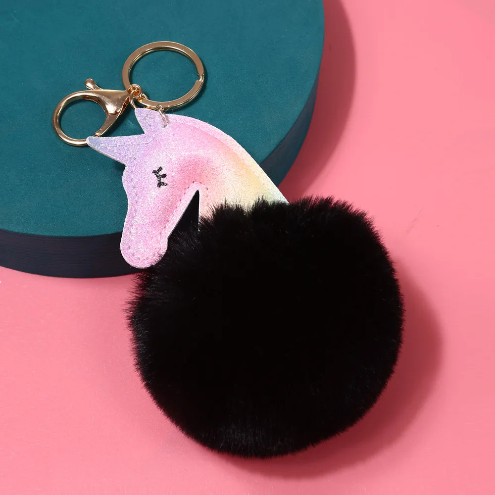 2024 Summer Hot sale Colorful Fur Ball Unicorn Keychains High-end Gifts Softy Cute Animal Poms Keychain