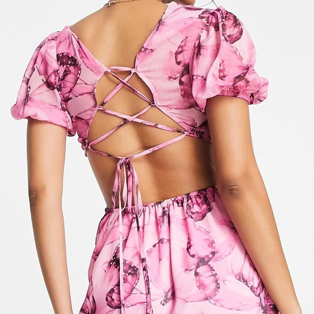 Fashion Trend Hot Selling Clothing Convertible Look Cherry Butterfly Pattern Dress Feminine Vacation Beach girls sexy print