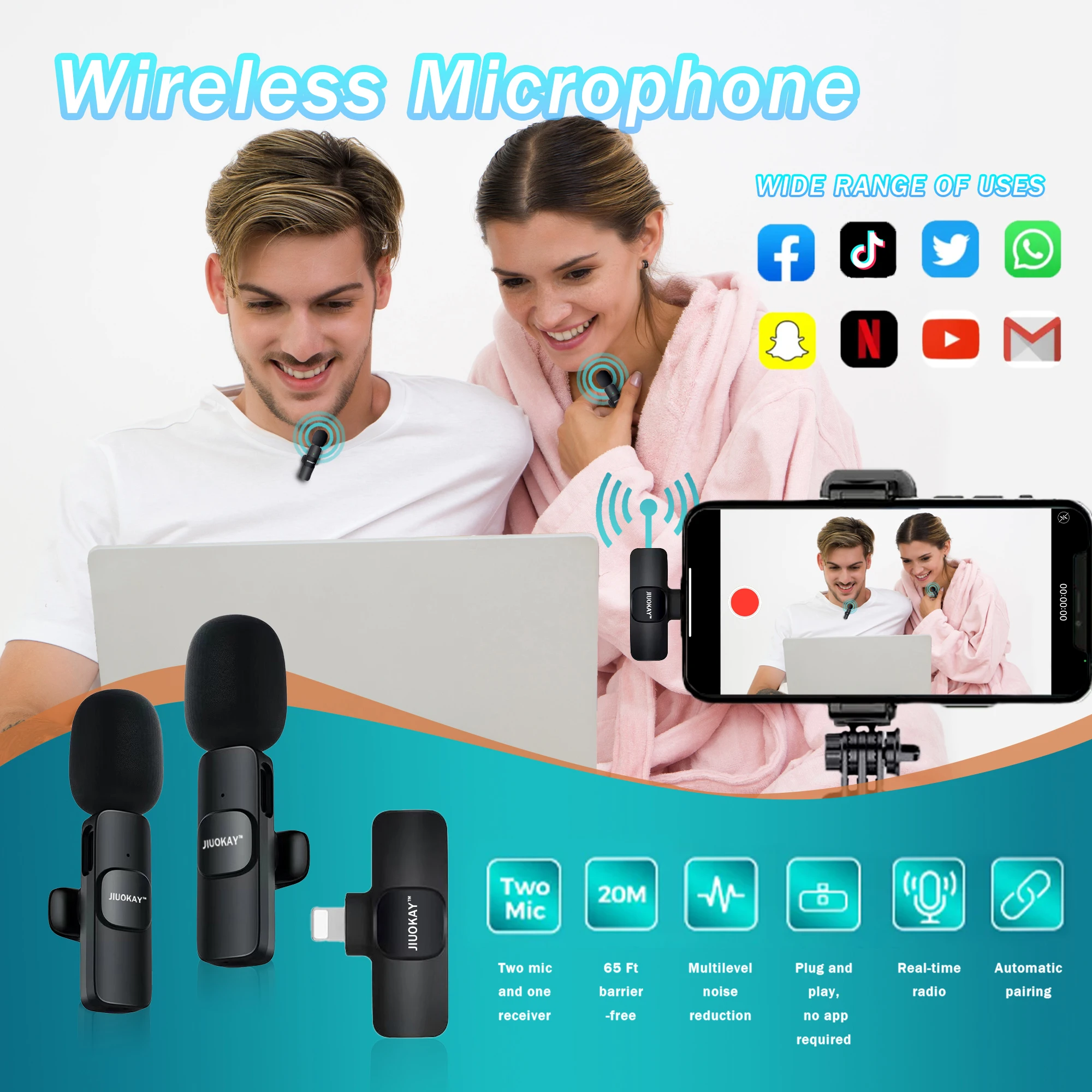 2.4GHz mobile Noise Canceling   Lavalier Microphone Wireless with Lightning port  for iPhone