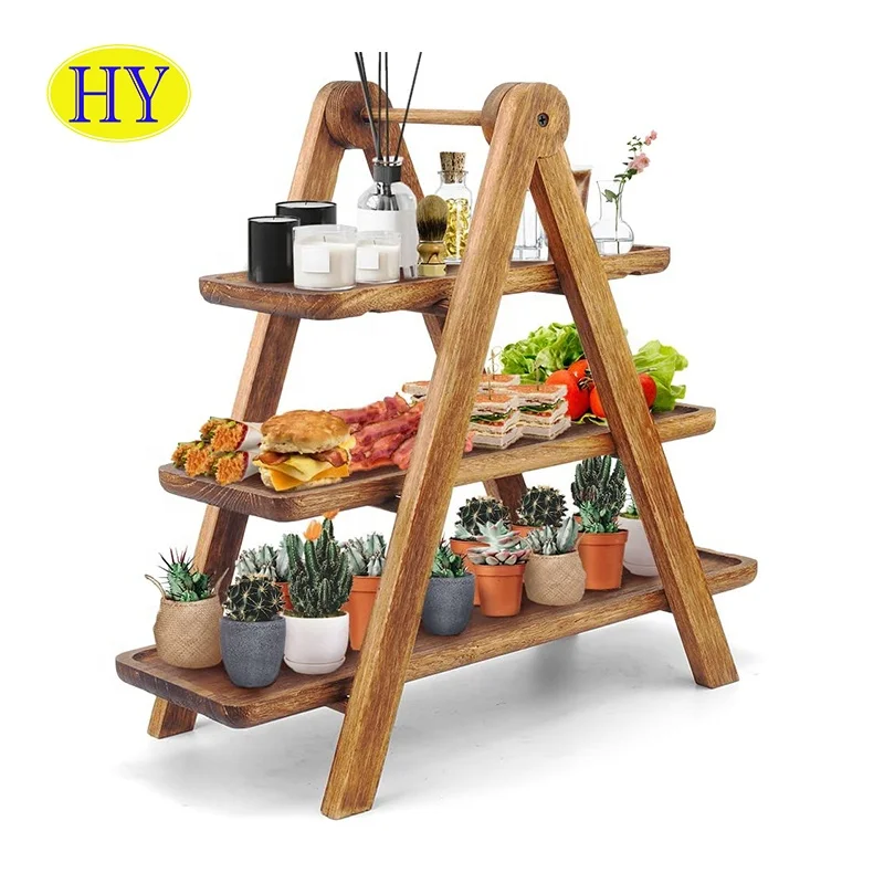 Custom rustic acacia wood serving trays Unfinished 3 Tier snack breakfast dessert rectangular Wooden Ladder Tray With Handle